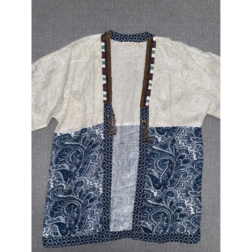 Excellent Soft Surroundings S/M Kimono Navy Cream Paisley Beaded Tassel Cardigan